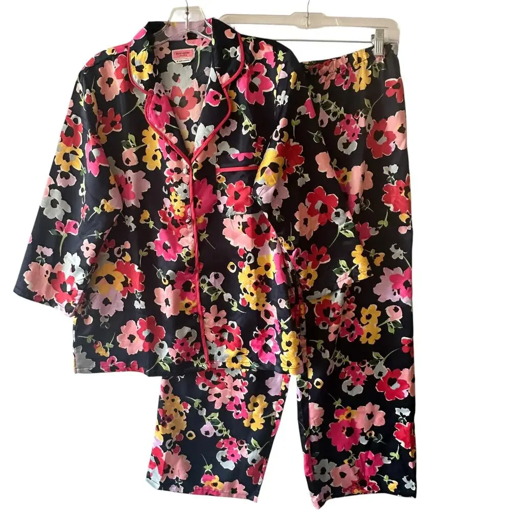 Kate Spade Floral Pajama Set Womens Medium Navy Pink Colorful Lounge 2-Piece PJs